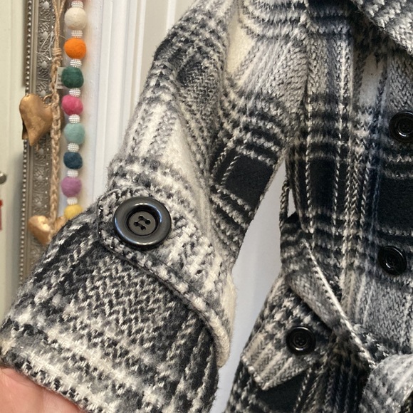 Plaid B/W Double Breastfed Car Coat Sz L - Picture 3 of 11